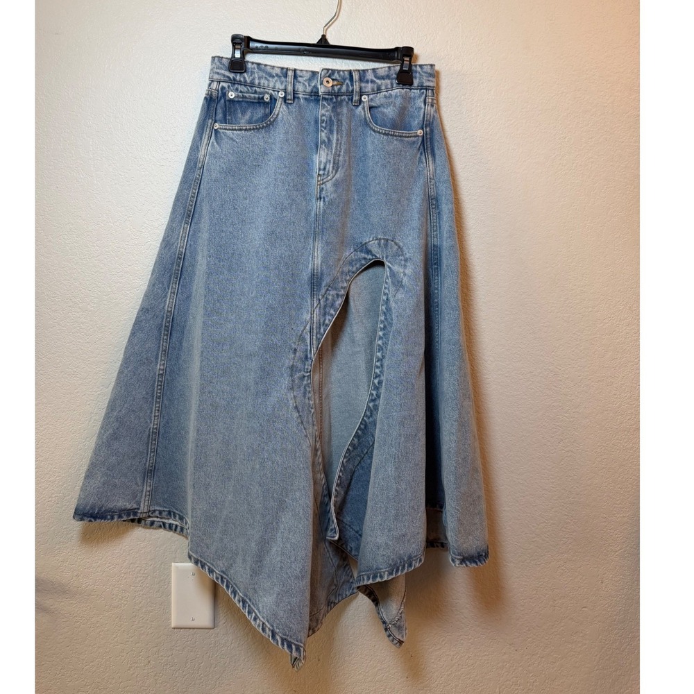 Y/Project Asymmetric Cutout Denim Maxi Skirt Light Wash Organic Cotton Womens M